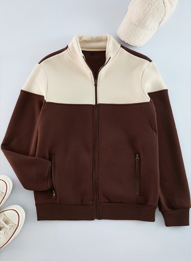 trendyol Brown-Beige Regular Fit Long Sleeve Stand Collar Zippered Sweatshirt - Image 2