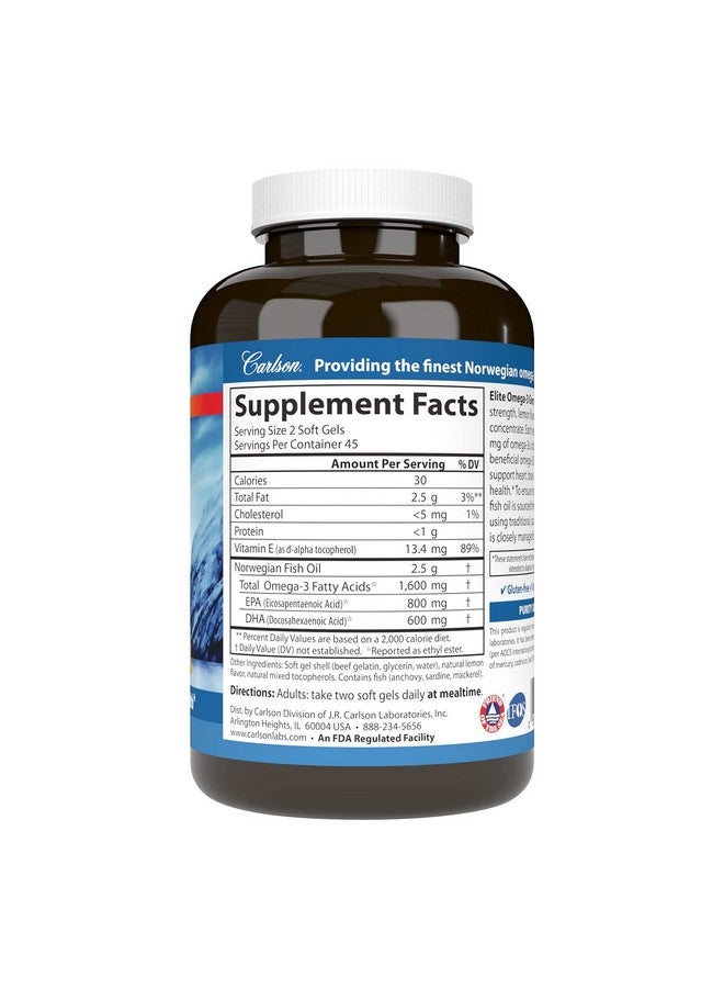 Carlson - Elite Omega-3 Gems, 1600 mg Omega-3 Fatty Acids Including EPA and DHA, Norwegian, Wild-Caught Fish Oil Supplement, Sustainably Sourced Omega 3 Fish Oil Capsules, Lemon, 90 Softgels - Image 1