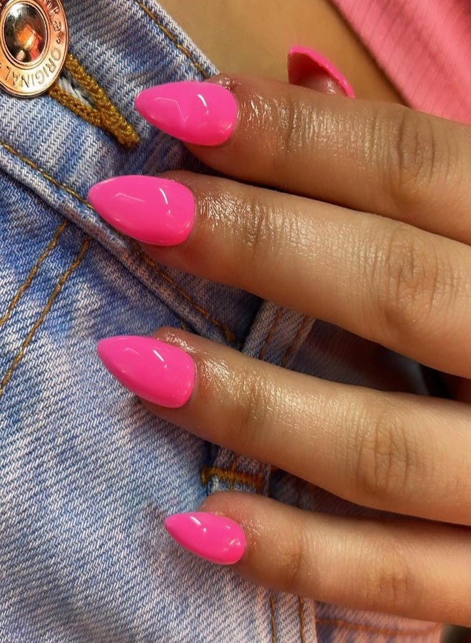 XCREANDO 48Pcs Hot Pink Press on Nails Almond Fake Nails Glue on Medium Length Almond Shaped Nails Press ons, Stiletto False Nail for Women Neon Pink Medium, Thick Natural Acrylic Gel Nail - Image 4