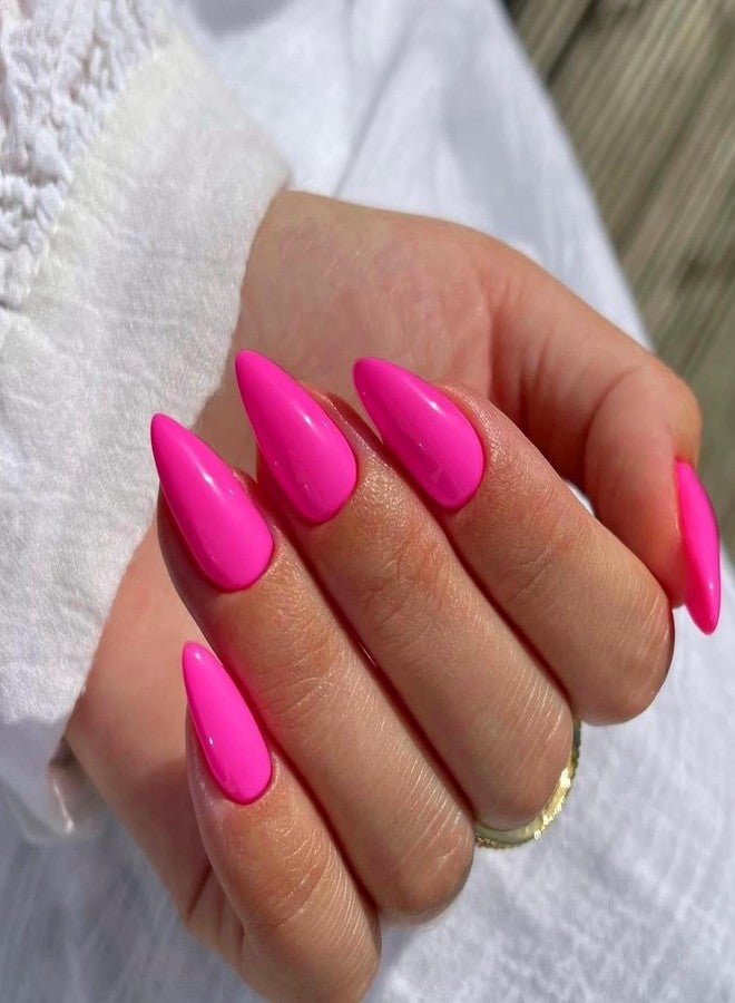 XCREANDO 48Pcs Hot Pink Press on Nails Almond Fake Nails Glue on Medium Length Almond Shaped Nails Press ons, Stiletto False Nail for Women Neon Pink Medium, Thick Natural Acrylic Gel Nail - Image 1