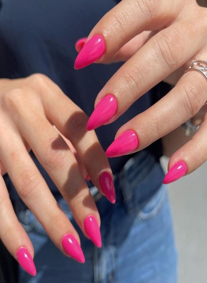 XCREANDO 48Pcs Hot Pink Press on Nails Almond Fake Nails Glue on Medium Length Almond Shaped Nails Press ons, Stiletto False Nail for Women Neon Pink Medium, Thick Natural Acrylic Gel Nail - Image 3