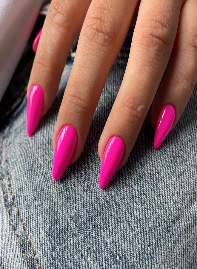 XCREANDO 48Pcs Hot Pink Press on Nails Almond Fake Nails Glue on Medium Length Almond Shaped Nails Press ons, Stiletto False Nail for Women Neon Pink Medium, Thick Natural Acrylic Gel Nail - Image 2