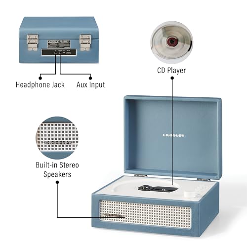 Crosley CR3517A-WB Voyager Retro Portable CD Player with Stereo Bluetooth Speakers and FM Radio, Washed Blue - Image 3