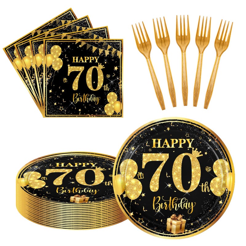 LDFDRT 70th 7 inch Birthday Party Paper Plates and Napkins Forks 60 pcs Black Gold Birthday Decorations for Boys Girls Tableware Set for Anniversary Party Supplies,Serve 20 - Image 1