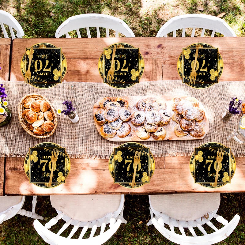 LDFDRT 70th 7 inch Birthday Party Paper Plates and Napkins Forks 60 pcs Black Gold Birthday Decorations for Boys Girls Tableware Set for Anniversary Party Supplies,Serve 20 - Image 4