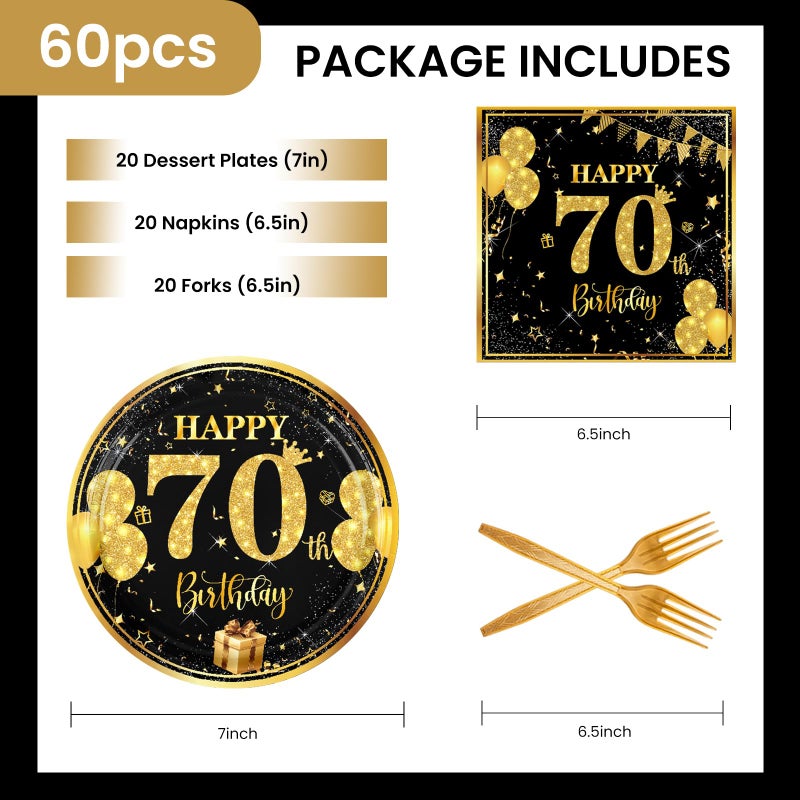 LDFDRT 70th 7 inch Birthday Party Paper Plates and Napkins Forks 60 pcs Black Gold Birthday Decorations for Boys Girls Tableware Set for Anniversary Party Supplies,Serve 20 - Image 5