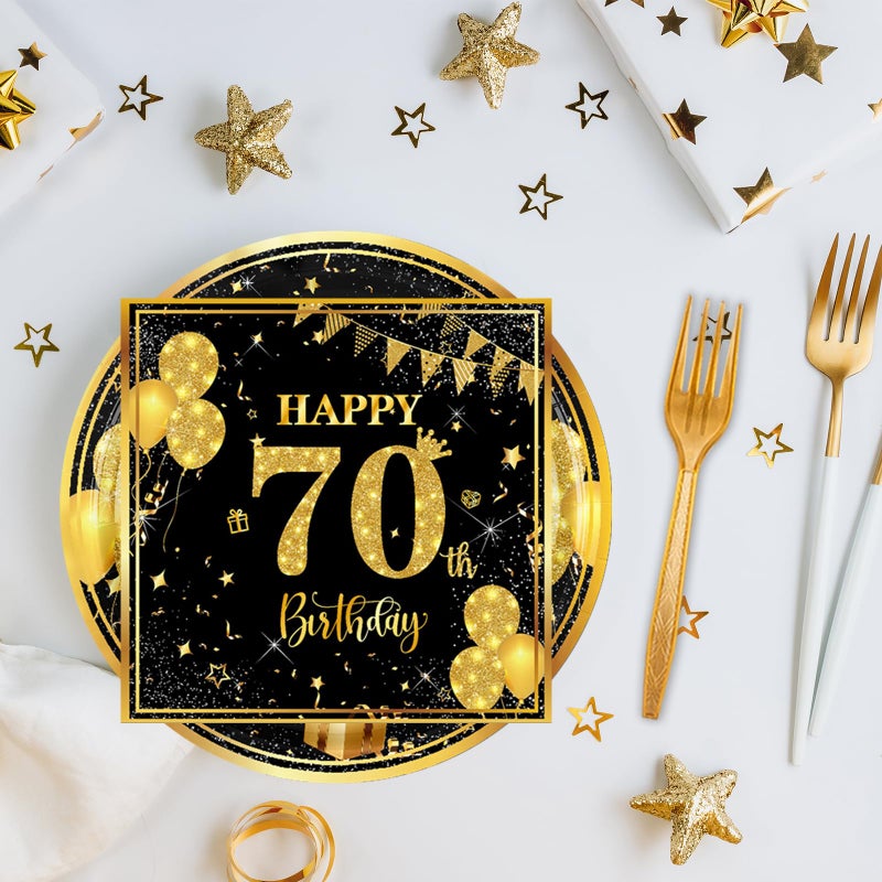 LDFDRT 70th 7 inch Birthday Party Paper Plates and Napkins Forks 60 pcs Black Gold Birthday Decorations for Boys Girls Tableware Set for Anniversary Party Supplies,Serve 20 - Image 3