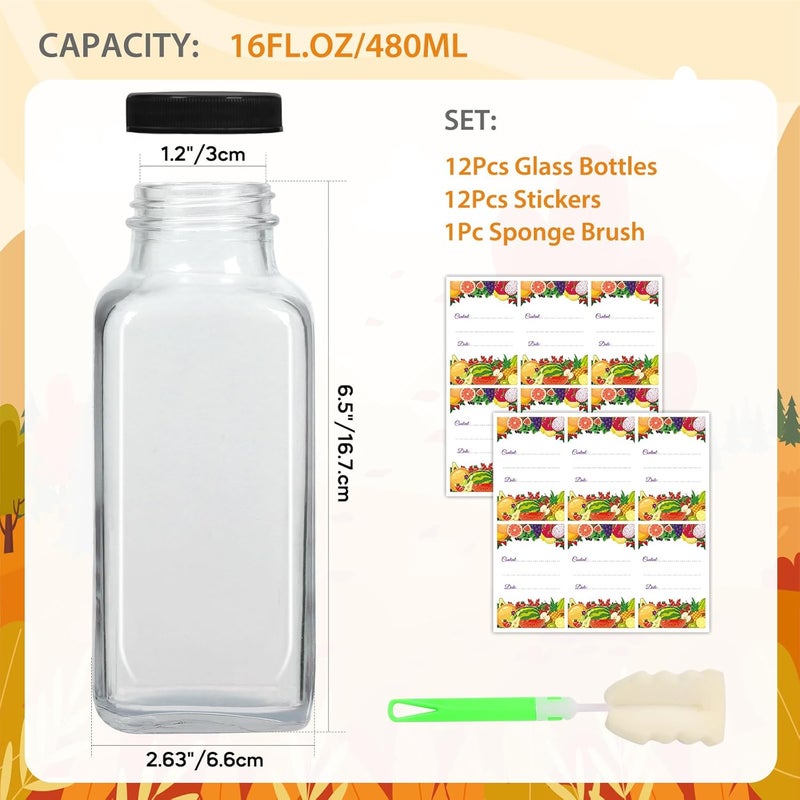 AuroTrends 16 oz Glass Bottles with Lids 12Pack, 480ml Glass Juicing Bottles, Water, Kombucha (16fl.oz, Set of 12) - Image 4