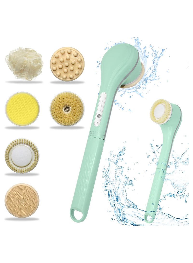 Hihonor Electric Body Brush, exfoliating Shower Brush Long Handle Shower Gel applicator Back Silicone Body Brush, with 6 Shower Brush Heads, Men's and Women's Gifts (Light Green) - Image 1
