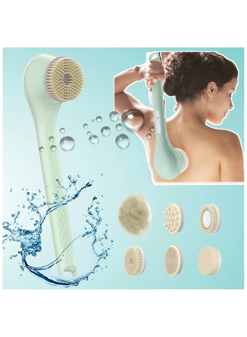 Hihonor Electric Body Brush, exfoliating Shower Brush Long Handle Shower Gel applicator Back Silicone Body Brush, with 6 Shower Brush Heads, Men's and Women's Gifts (Light Green) - Image 2