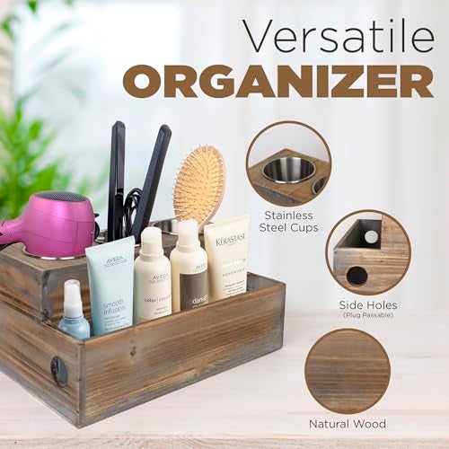 Besti Wooden Hair Dryer Holder – Hair Tools and Styling Supplies Organizer and Storage for Vanity and Bathroom - Natural Elegant Design - Multi-Functional Caddy for Accessories, Makeup, Toiletries - Image 3
