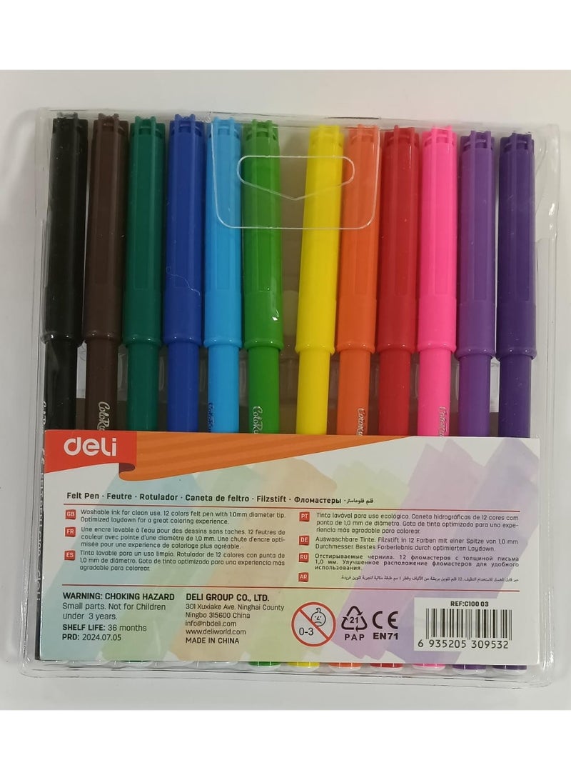 Deli C10003 Sketch Pen 12 Piece C10003 Bullet Tip 1.0mm Washable - Image 1
