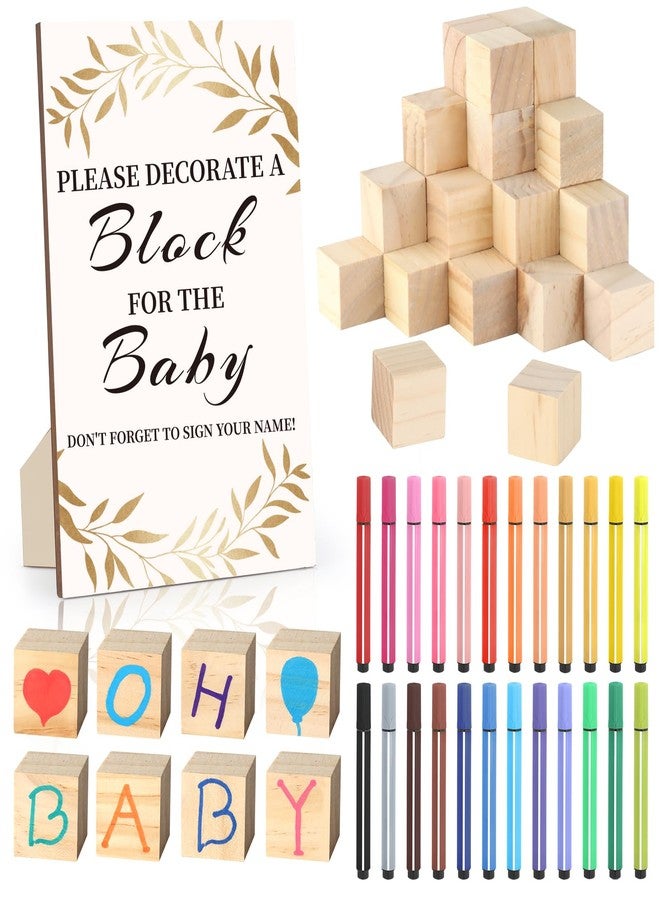 wookidel Baby Shower Games Sign Kit with 50 Blank Wooden Baby Blocks, 24 Acrylic Paint Marker and Wooden Sign, Blocks for Baby Shower Games, Gender Reveals Party(Gold) - Image 1