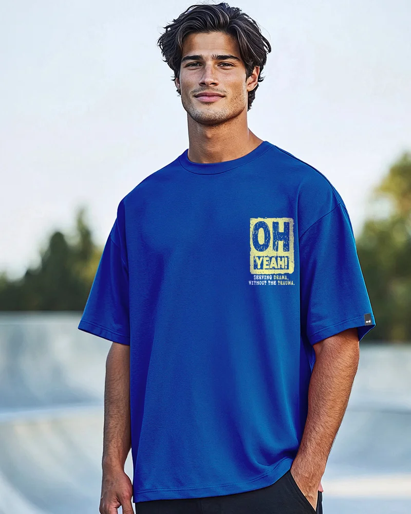 bewakoof Men's Blue Oh Yeah Typography Oversized T-shirt
