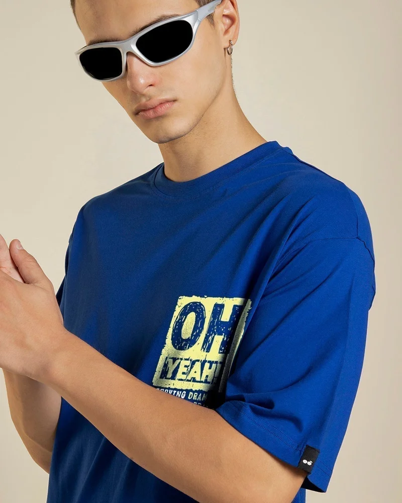 bewakoof Men's Blue Oh Yeah Typography Oversized T-shirt