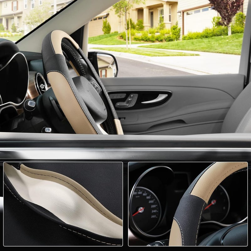 SEG Direct Black and Beige Microfiber Leather Auto Car Steering Wheel Cover Universal 15 inch - Image 3