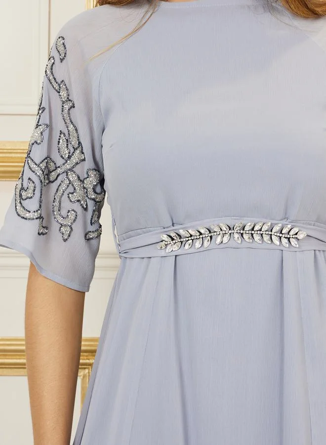 Styli Styli Beaded Detail Sleeves Embellished Tie Up Belt Maxi Dress
