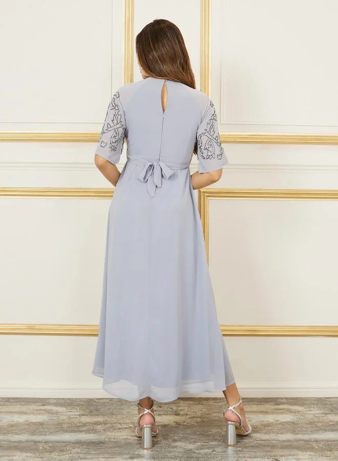 Styli Styli Beaded Detail Sleeves Embellished Tie Up Belt Maxi Dress