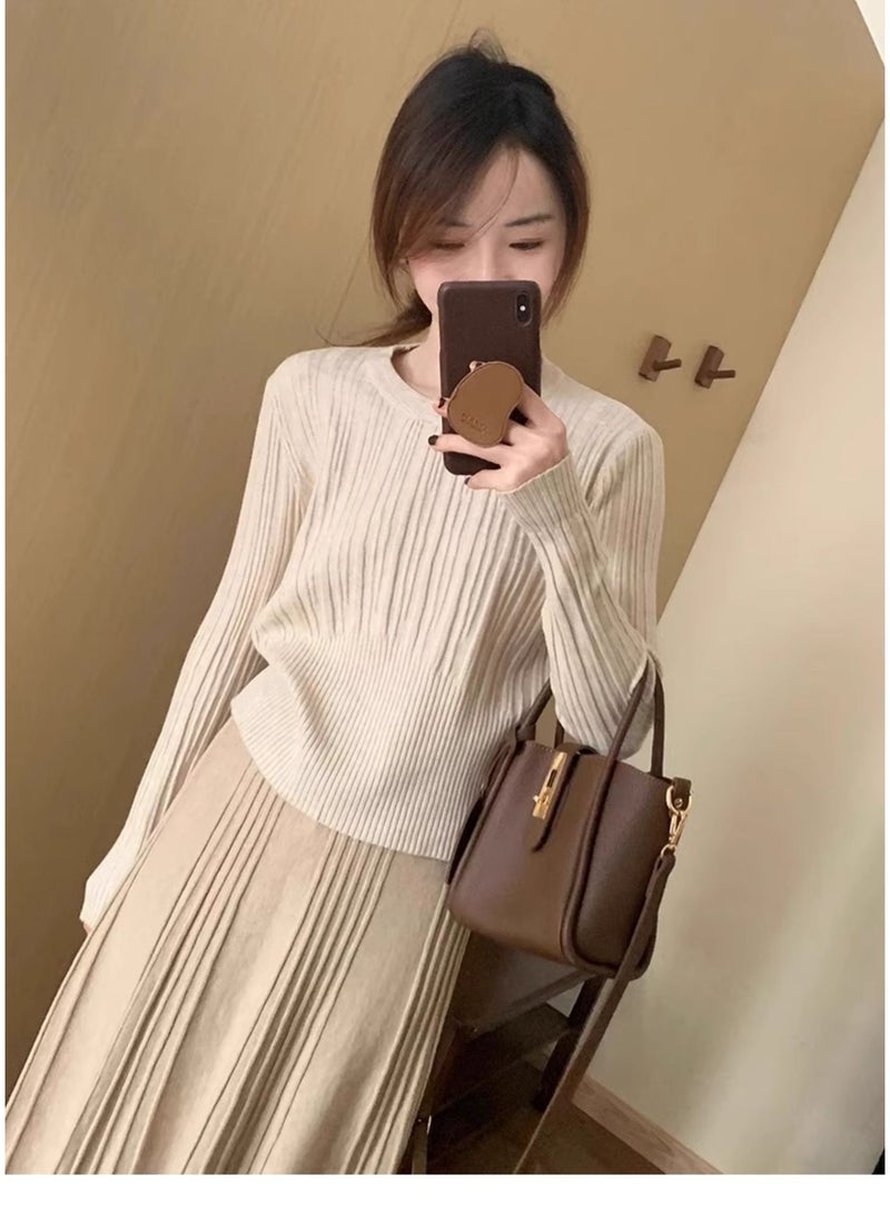 NIBEMINENT Autumn  Waist Cinched Sweater Pullover Women Korean High Stretch Knitted Sweaters Woman Casual Ribbed O-Neck Jumpers - Image 3