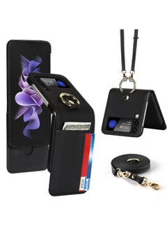 KASTWAVE Case for Galaxy Z Flip 3 5G, Compatible with Samsung Z Flip 3(2021) Leather Wallet Case, Adjustable Crossbody Lanyard Durable Card Slots Ultra Slim Luxury Cover for Samsung Galaxy Z Flip 3 (Black)  - Image 1