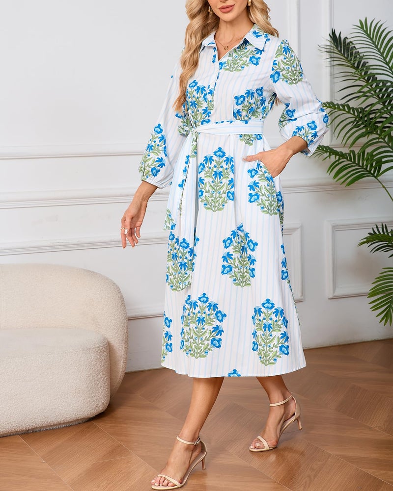 YEXPINE Womens Spring 2026 Casual Floral 3/4 Puff Sleeve Midi Shirt Dresses Button Down Belted Dress with Pockets Blue - Image 3