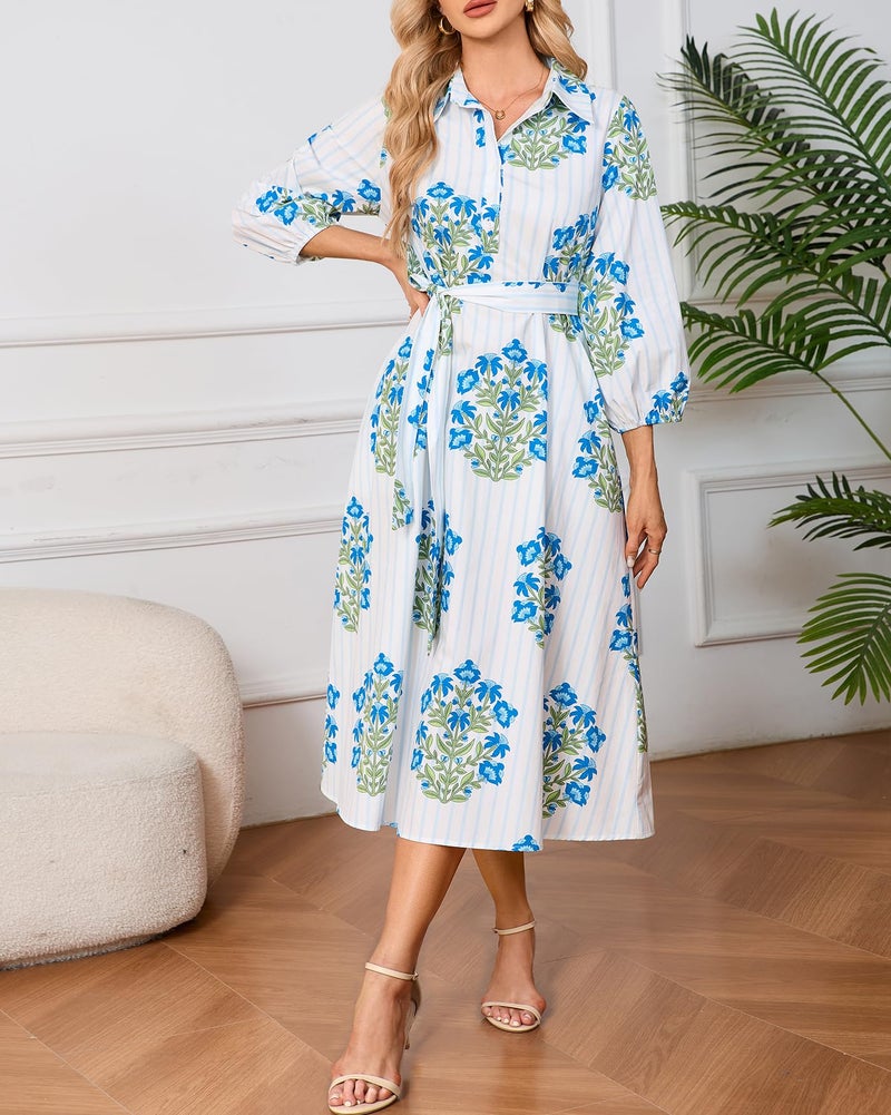 YEXPINE Womens Spring 2026 Casual Floral 3/4 Puff Sleeve Midi Shirt Dresses Button Down Belted Dress with Pockets Blue - Image 5