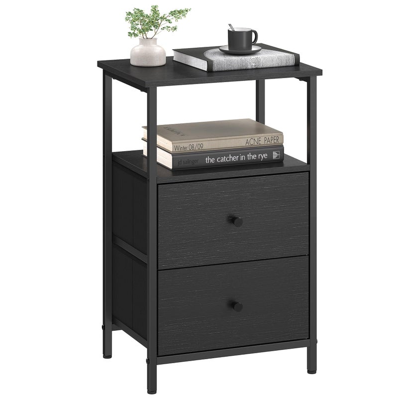 VASAGLE Nightstand Side Table with 2 Fabric Drawers 24Inch Tall End Table with Storage Shelf Bedroom Ash Black and Black ULGS025B21
