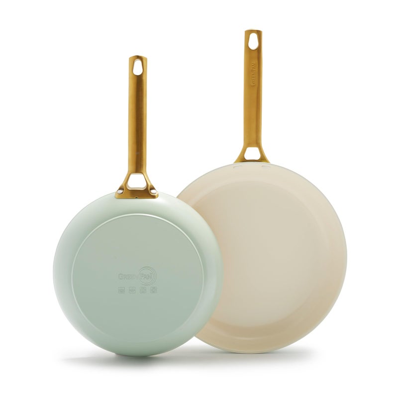 GreenPan Reserve Hard Anodized Healthy Ceramic Nonstick 10 and 12 Frying Pan Skillet Set Gold Handle PFASFree Dishwasher Safe Oven Safe Julep Green