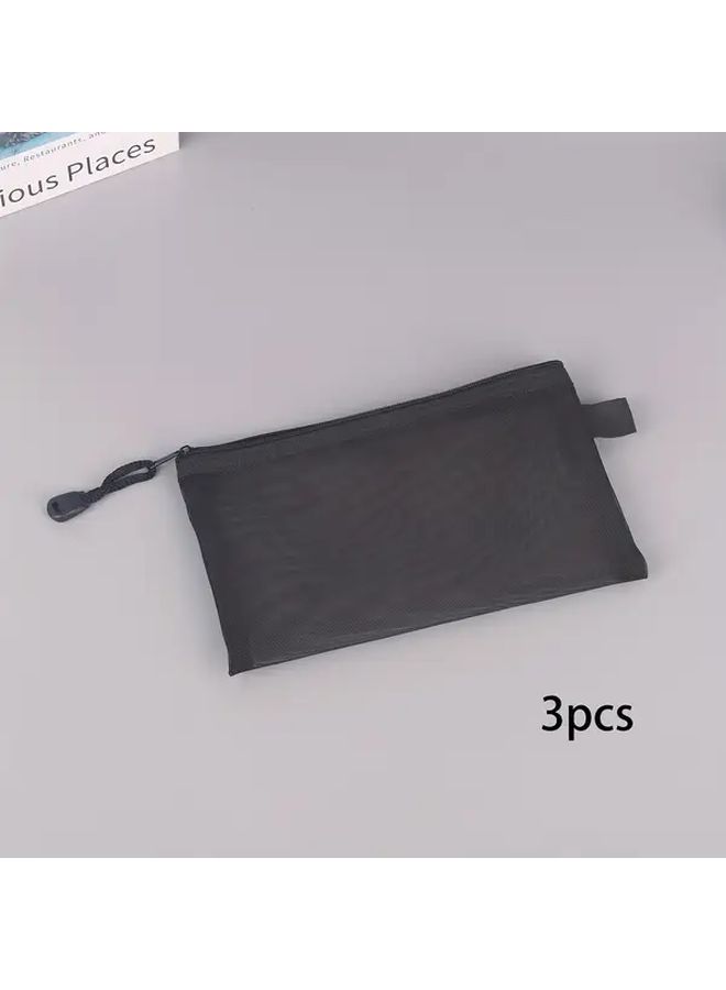 3 Pcs Grey Nylon Mesh Pencil Case Durable Zippered Storage Bag Large Capacity For Stationery Cosmetics - Image 1
