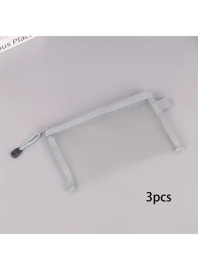 3 Pcs Grey Nylon Mesh Pencil Case Durable Zippered Storage Bag Large Capacity For Stationery Cosmetics - Image 2