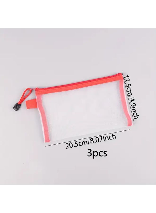 3 Pcs Grey Nylon Mesh Pencil Case Durable Zippered Storage Bag Large Capacity For Stationery Cosmetics - Image 3