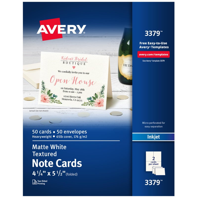 Avery Printable Note Cards with Envelopes 425 x 55 Textured White 50 Blank Note Cards for Inkjet Printers 03379