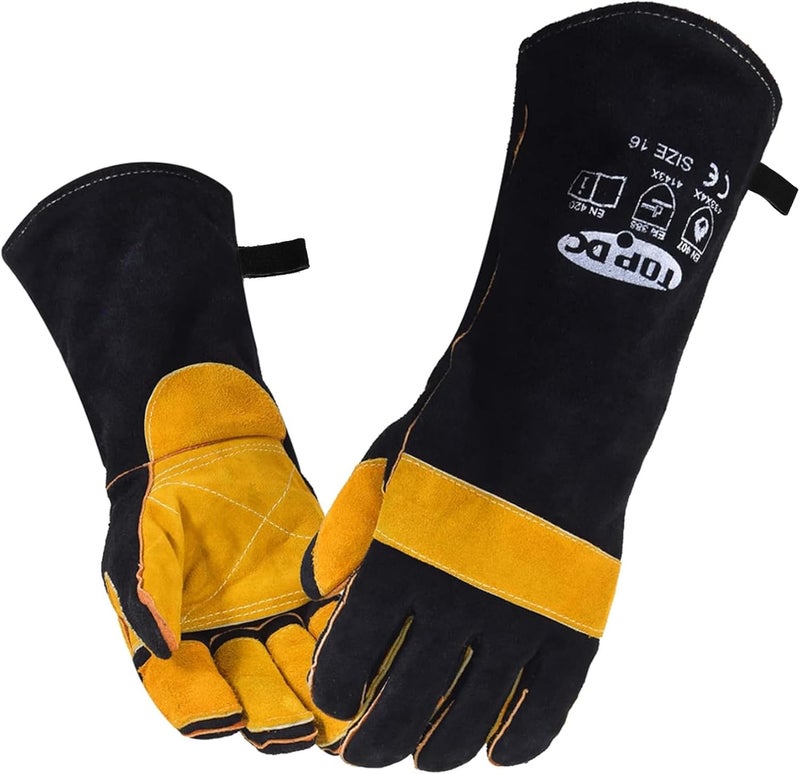 TOPDC 16 Inches, 932?, Top Cowhide Mig/Stick Welding Gloves Heat Resistant, Fireproof Gloves, for Forge, Fireplace, Welder, Animal Handling, Large, Black-Yellow - Image 1