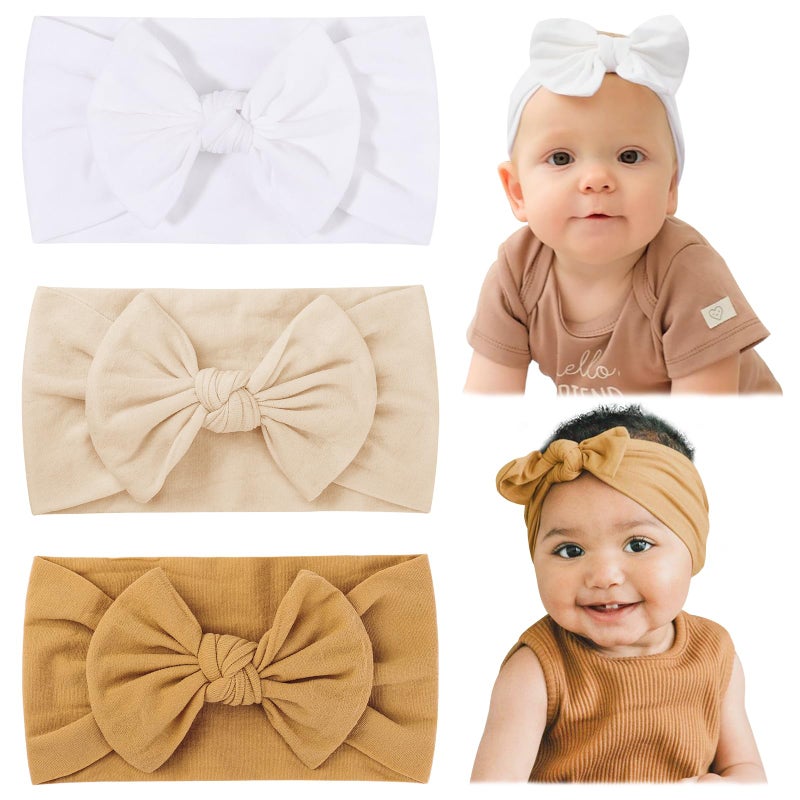 jollybows 3PCS Baby Nylon Headbands Hairbands Hair Bow Elastics for Baby Girls Newborn Infant Toddlers Kids (8-White+Beige+Ginger, 1 Count (Pack of 3)) - Image 1