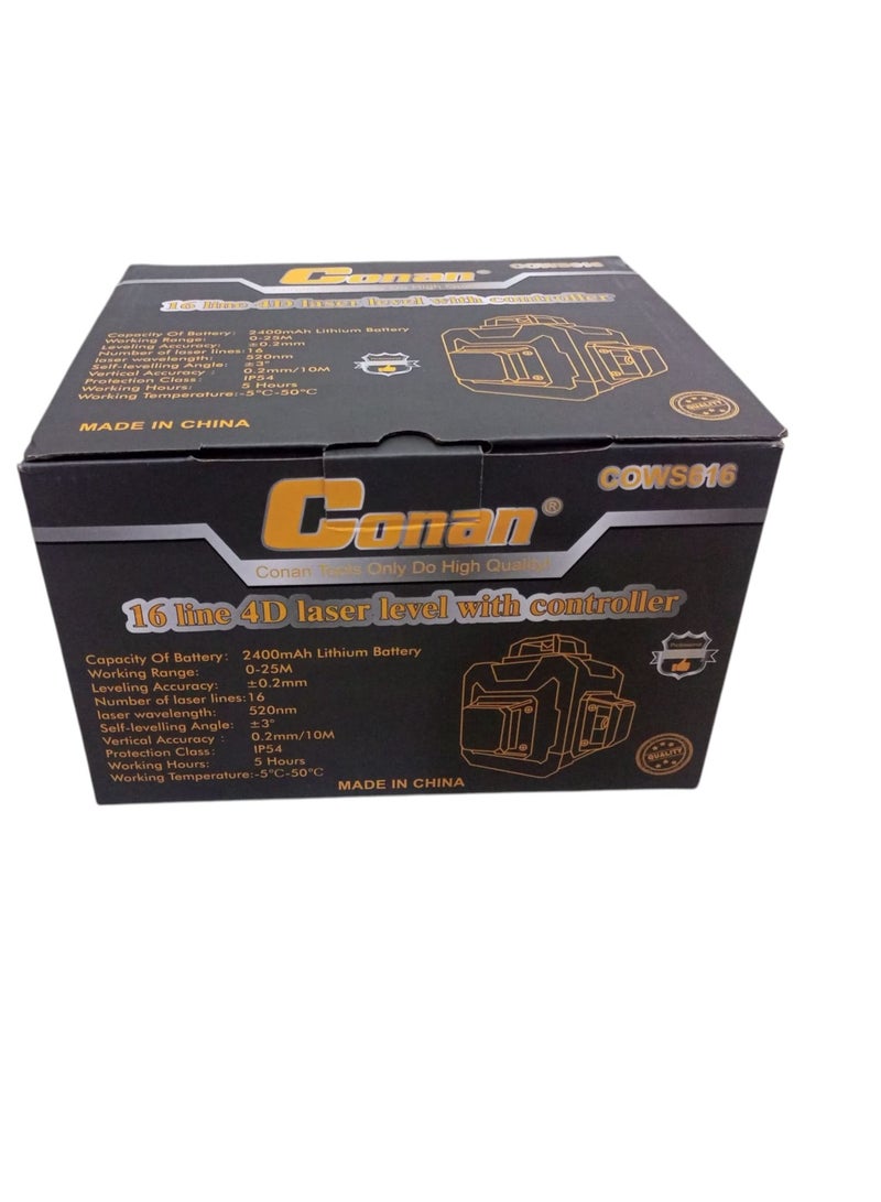 Conan COWS616 4D Green Laser Level, 16 Lines/4×360° with Remote – ±0.2mm Accuracy, 0–25m Range, 2400mAh Li-ion, IP54, Full Accessories & Carry Case - Image 3