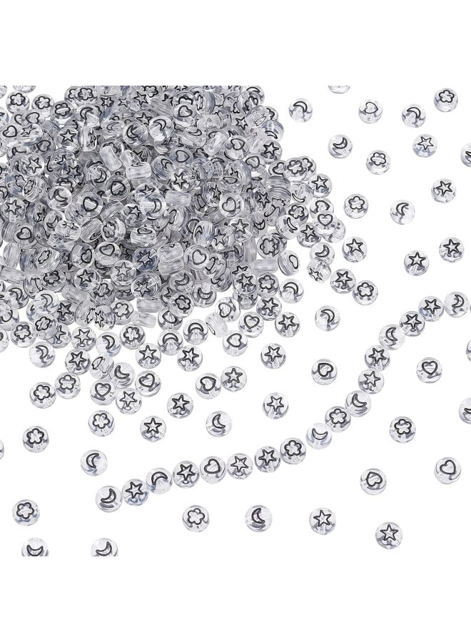 about 500pcs Transparent Acrylic Beads 7x4mm Flat Round Beads Black Moon & Heart Flower & Star Pattern Spacer Beads for Bracelet Necklace Crafting Jewelry Making - Image 1