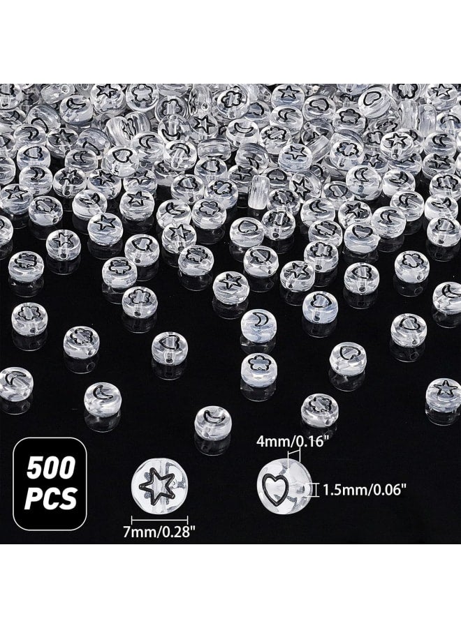 about 500pcs Transparent Acrylic Beads 7x4mm Flat Round Beads Black Moon & Heart Flower & Star Pattern Spacer Beads for Bracelet Necklace Crafting Jewelry Making - Image 2