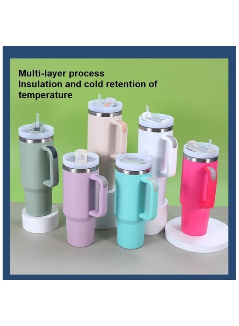 كوب عازل من الفولاذ المقاوم للصدأ بسعة كبيرة مع قشة ومقبض - كوب سفر متعدد الاستخدامات للمكتب والمنزل والسيارة - أدوات شرب عالية الجودة للرجال والنساء (أبيض) - Image 3