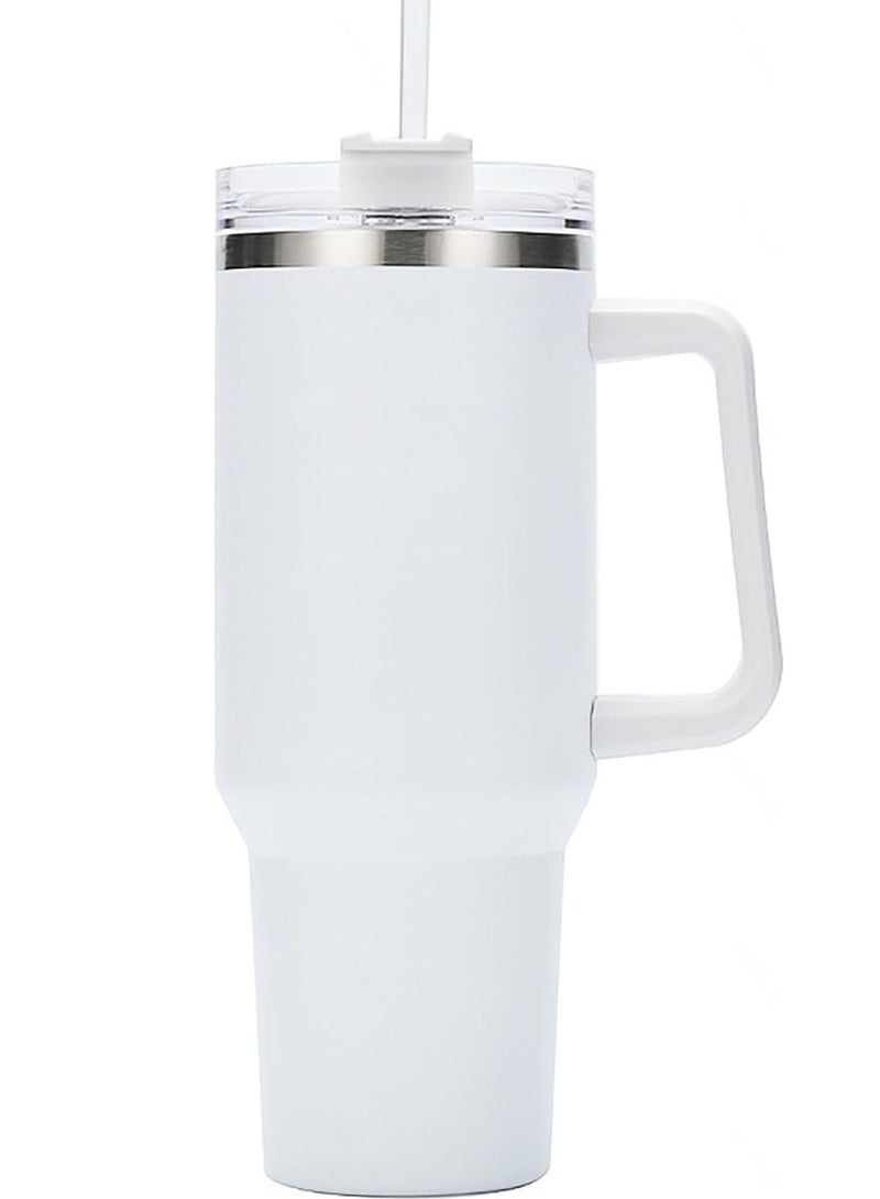 كوب عازل من الفولاذ المقاوم للصدأ بسعة كبيرة مع قشة ومقبض - كوب سفر متعدد الاستخدامات للمكتب والمنزل والسيارة - أدوات شرب عالية الجودة للرجال والنساء (أبيض) - Image 1