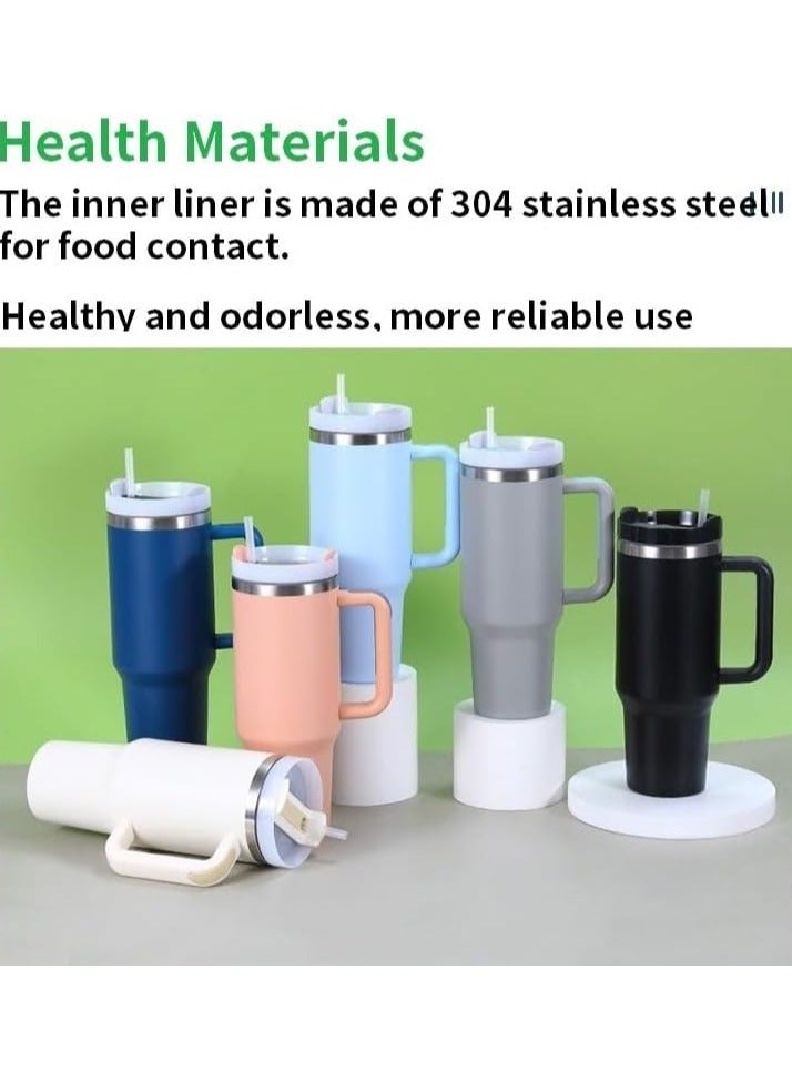 كوب عازل من الفولاذ المقاوم للصدأ بسعة كبيرة مع قشة ومقبض - كوب سفر متعدد الاستخدامات للمكتب والمنزل والسيارة - أدوات شرب عالية الجودة للرجال والنساء (أبيض) - Image 2