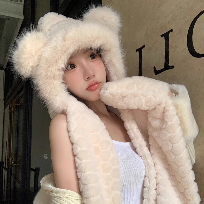 2024 Bear Hat Scarf Gloves Set Women Autumn Winter Beige (three-piece set)