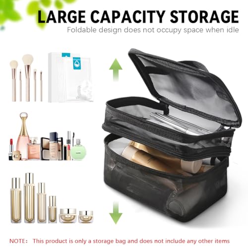MAYCREATE® Makeup Pouch Bag, Travel Makeup Organizer Bag Pouch, Large Mesh Toiletries Cosmetic Bag, Double Layer Nylon Make up Brush Pouch with Handle - Image 3
