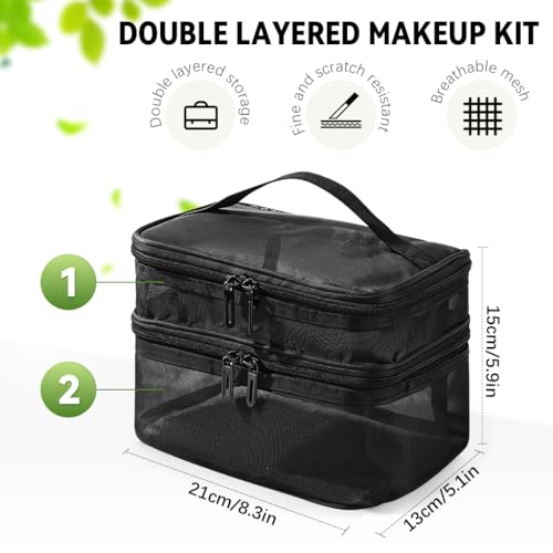 MAYCREATE® Makeup Pouch Bag, Travel Makeup Organizer Bag Pouch, Large Mesh Toiletries Cosmetic Bag, Double Layer Nylon Make up Brush Pouch with Handle - Image 2