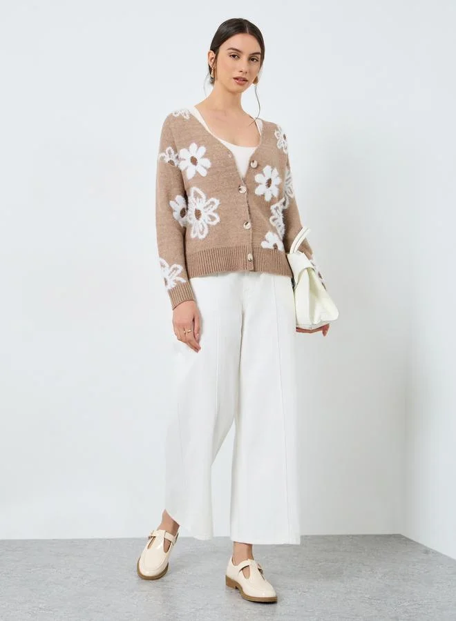 Take Two Take Two Beige Floral Pattern Furry Knit Cardigan