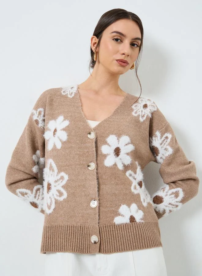 Take Two Take Two Beige Floral Pattern Furry Knit Cardigan