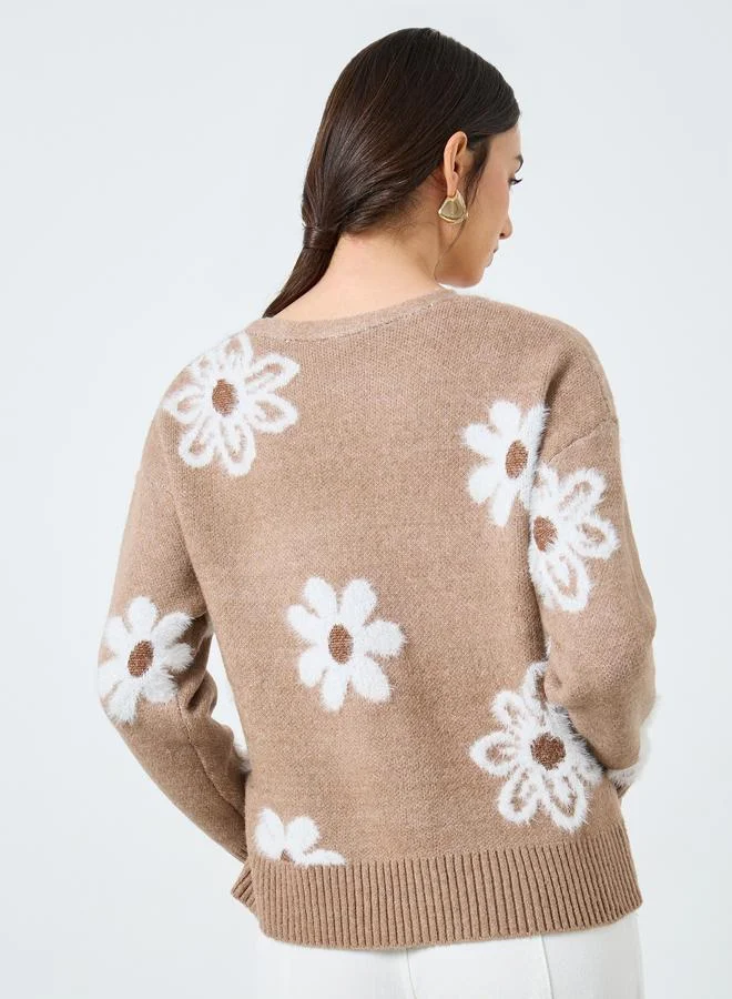 Take Two  Take Two Beige Floral Pattern Furry Knit Cardigan for Women | Best Price UAE