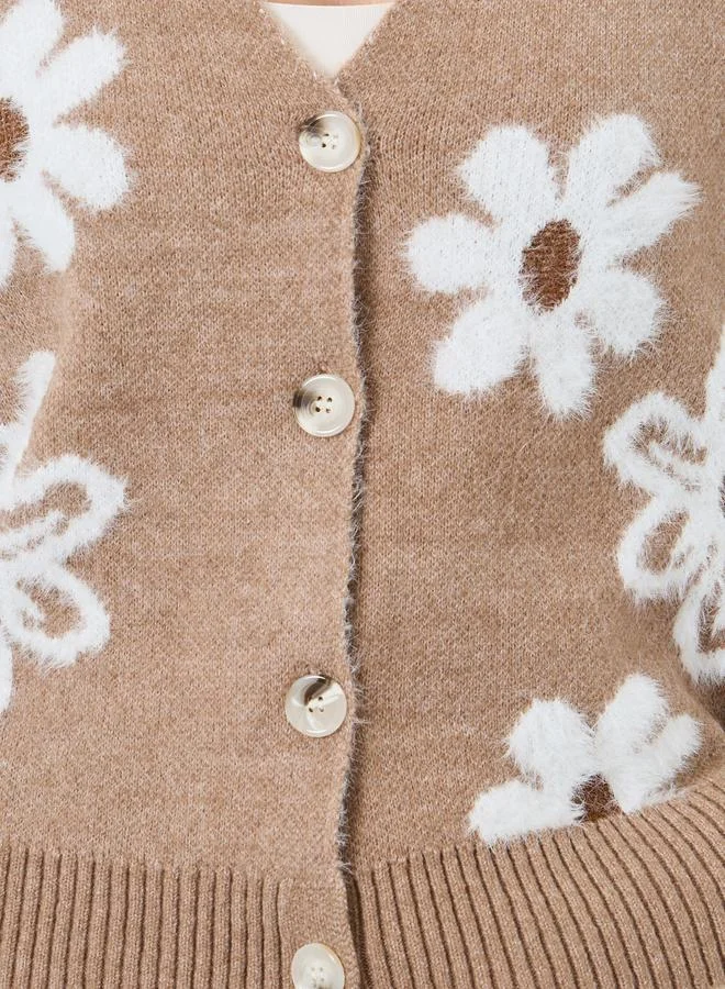 Take Two  Take Two Beige Floral Pattern Furry Knit Cardigan for Women | Best Price UAE