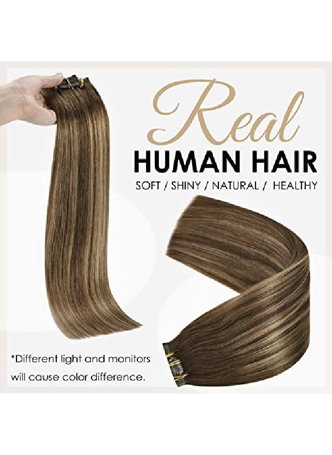 Full Shine Clip In Hair Extensions Real Human Hair 12Inch Seamless Extensions Clip In Human Hair 80Gram 8Pcs Balayage Color Medium Brown To Brown With Honey Blonde Human Hair Clip In Extensions  - Image 3
