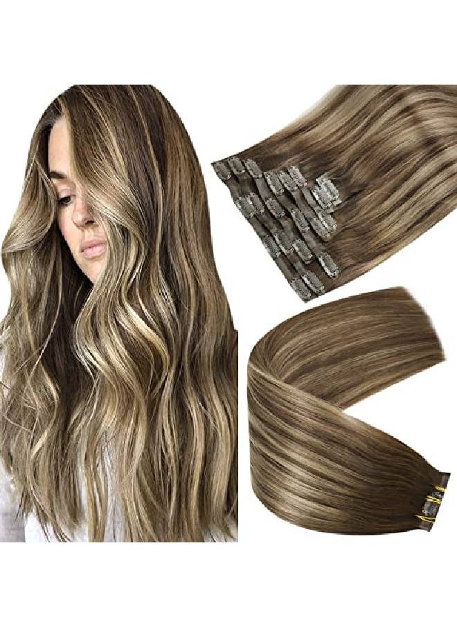 Full Shine Clip In Hair Extensions Real Human Hair 12Inch Seamless Extensions Clip In Human Hair 80Gram 8Pcs Balayage Color Medium Brown To Brown With Honey Blonde Human Hair Clip In Extensions  - Image 1
