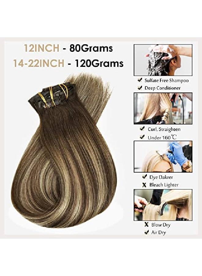Full Shine Clip In Hair Extensions Real Human Hair 12Inch Seamless Extensions Clip In Human Hair 80Gram 8Pcs Balayage Color Medium Brown To Brown With Honey Blonde Human Hair Clip In Extensions  - Image 5